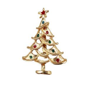 Vintage Christmas Tree Pin Brooch Gold Tone Green Red Ornament Holiday Star Coat
